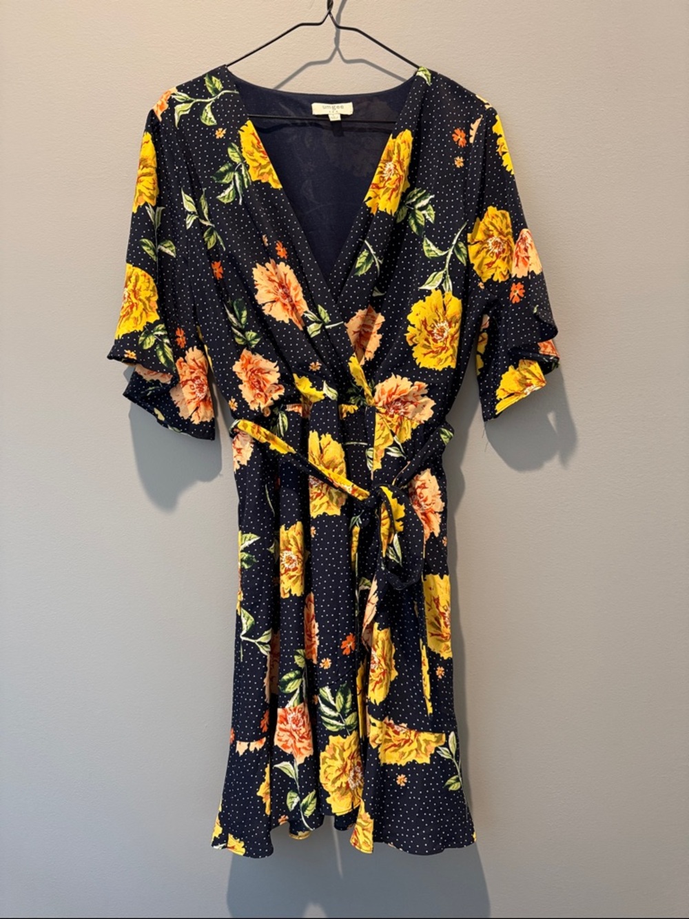 Umgee Floral Wrap Midi Dress with Belt - Yellow Floral on Navy